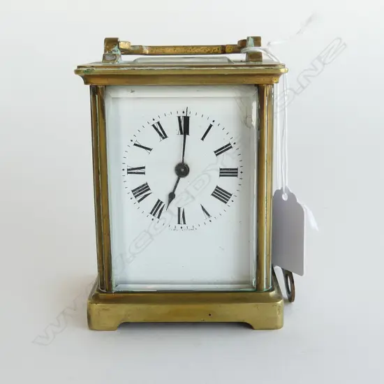 FRENCH CARRIAGE CLOCK w. KEY, PRESENTATION ENGRAVED '1932', H.100mm