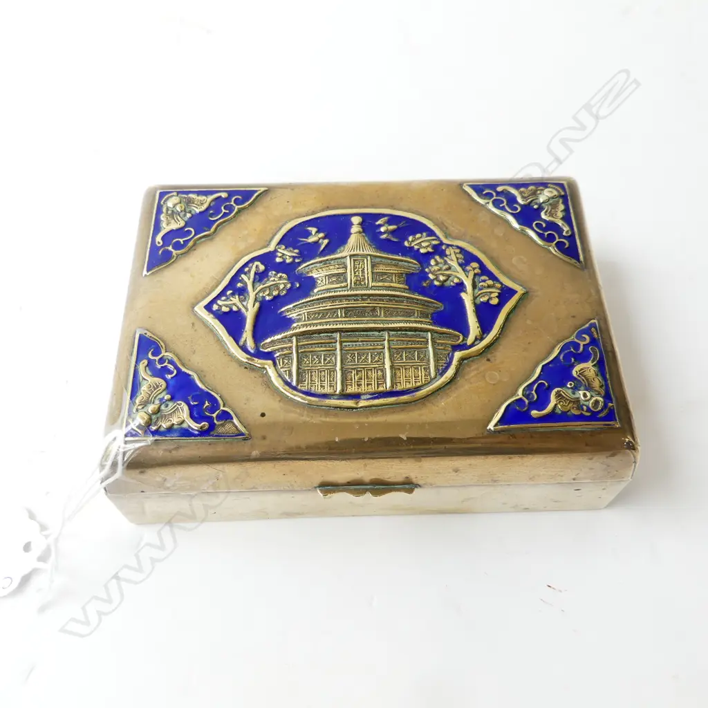 ORIENTAL BRASS & ENAMEL BOX w. WOOD INTERIOR 125x86x40mm Image 1++