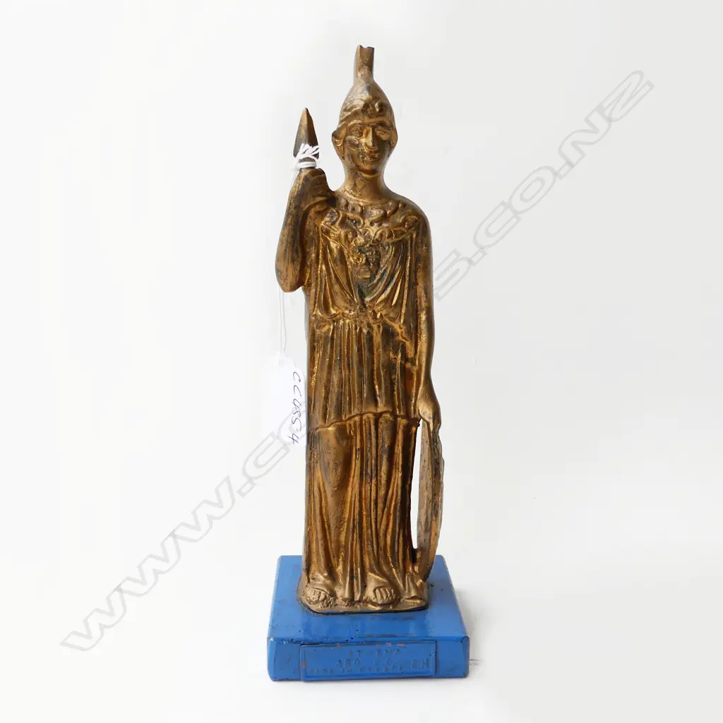 OLD BRONZED FINISH CAST METAL SCULPTURE OF ATHENA. Labelled 460 B.C. Made in Greece. Standing w shield. H.230mm Image 1++