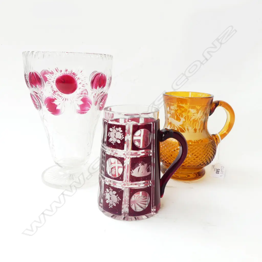 3 COLOURED GLASS PIECES INCL VASE H.205mm Image 1++