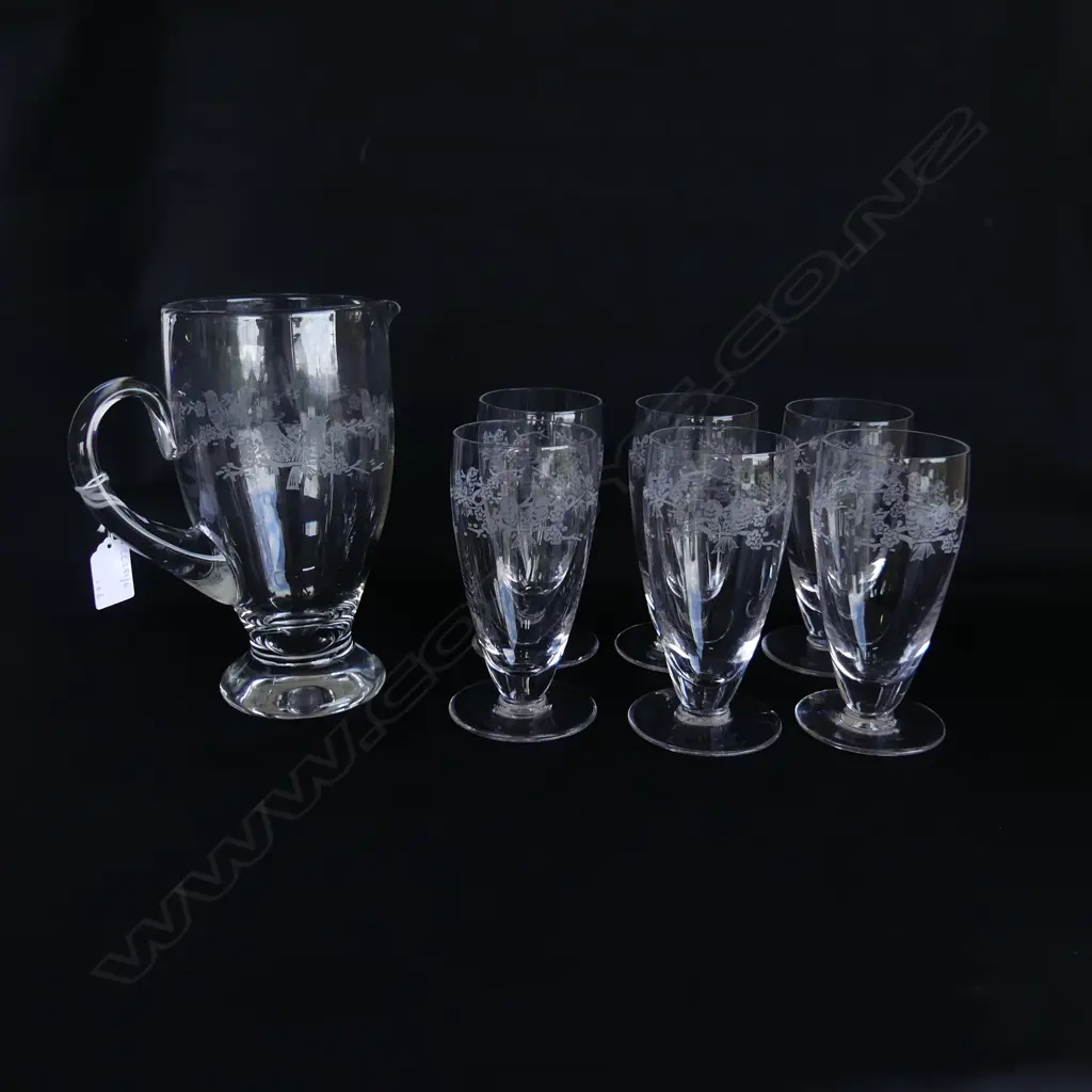 STUART CRYSTAL WATER SET JUG H220 & 6 MATCHING BIRD ETCHED GLASSES H160MM Image 1++