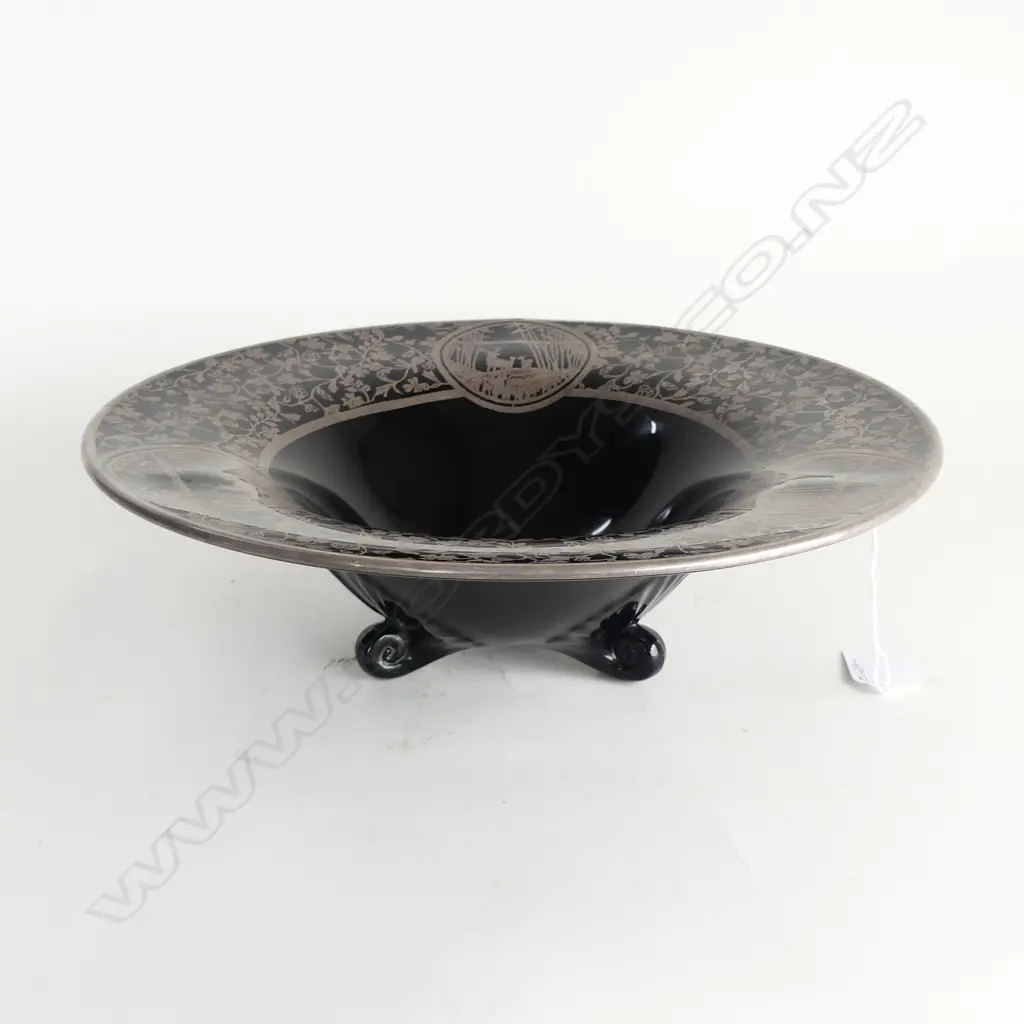LG DUNCAN & MILLER BLACK GLASS BOWL w. SILVER INLAY 300mm dia Image 1++