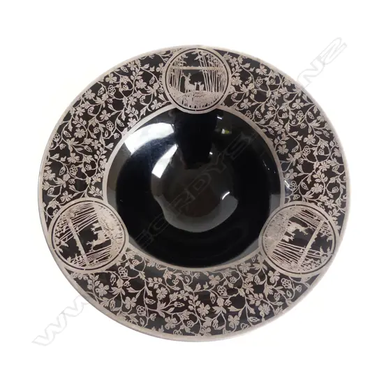LG DUNCAN & MILLER BLACK GLASS BOWL w. SILVER INLAY 300mm dia