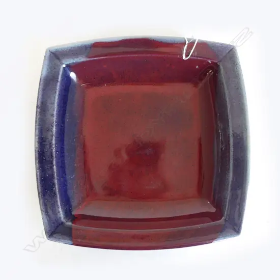 MARK WILDWOOD LIPPED PLATTER, BLUE & BURGUNDY GLAZE, SIGNED 1996, 340 x340mm