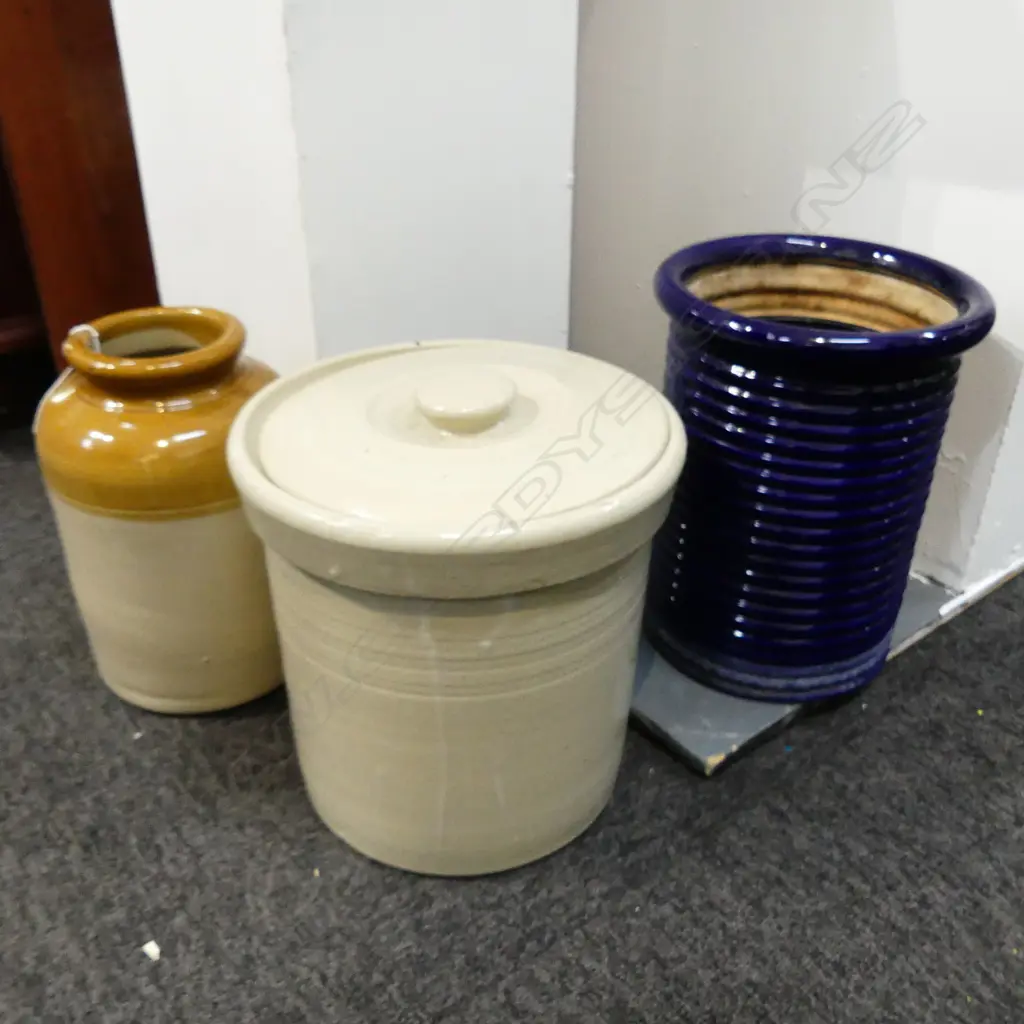 2 CROCKS, ONE LIDDED H.260mm + BLUE GLAZED 'FIRED EARTH' PLANTER POT Image 1++