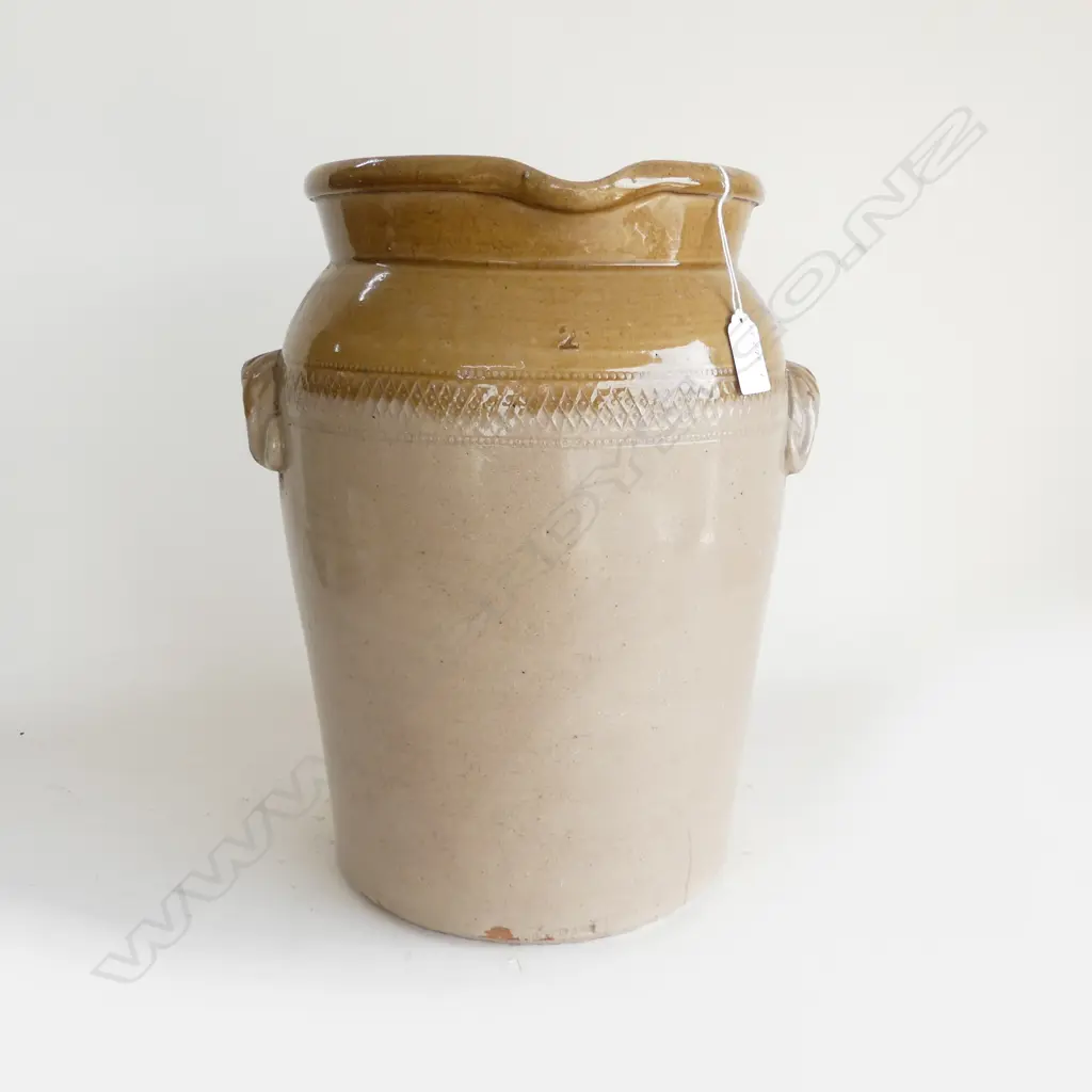 LG STONEWARE CROCK, GLAZED w HANDLES H.360mm (HAIRLINE CRACK) Image 1++