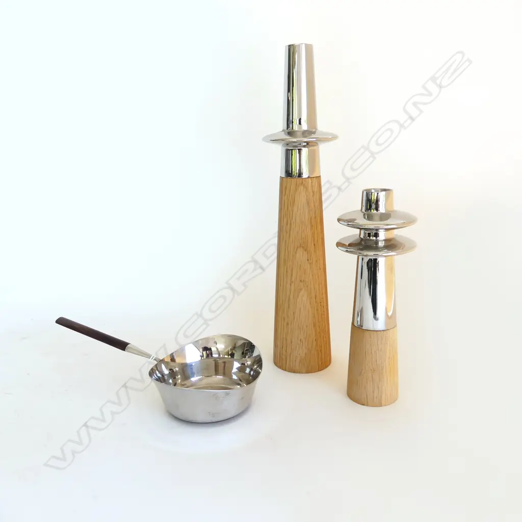 2 GEORG JENSEN CANDLESTICKS H.350, 210mm + NORWEGIAN BUTTER / BRANDY WARMER PAN Image 1++