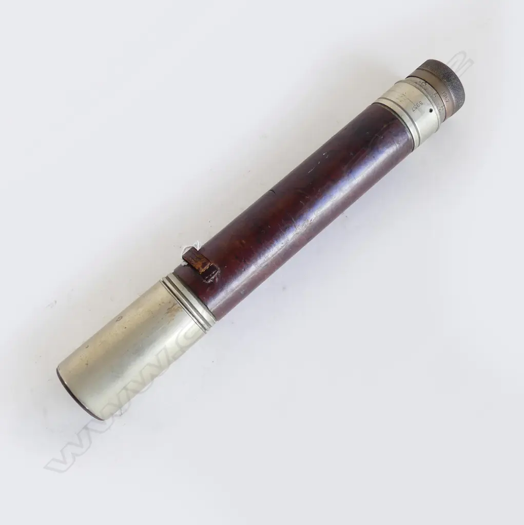WWII W. OTTWAY & CO. LTD. WHITE BRASS TELESCOPE; single draw. Leather cover named & dated1942 etc L.550mm Image 1++