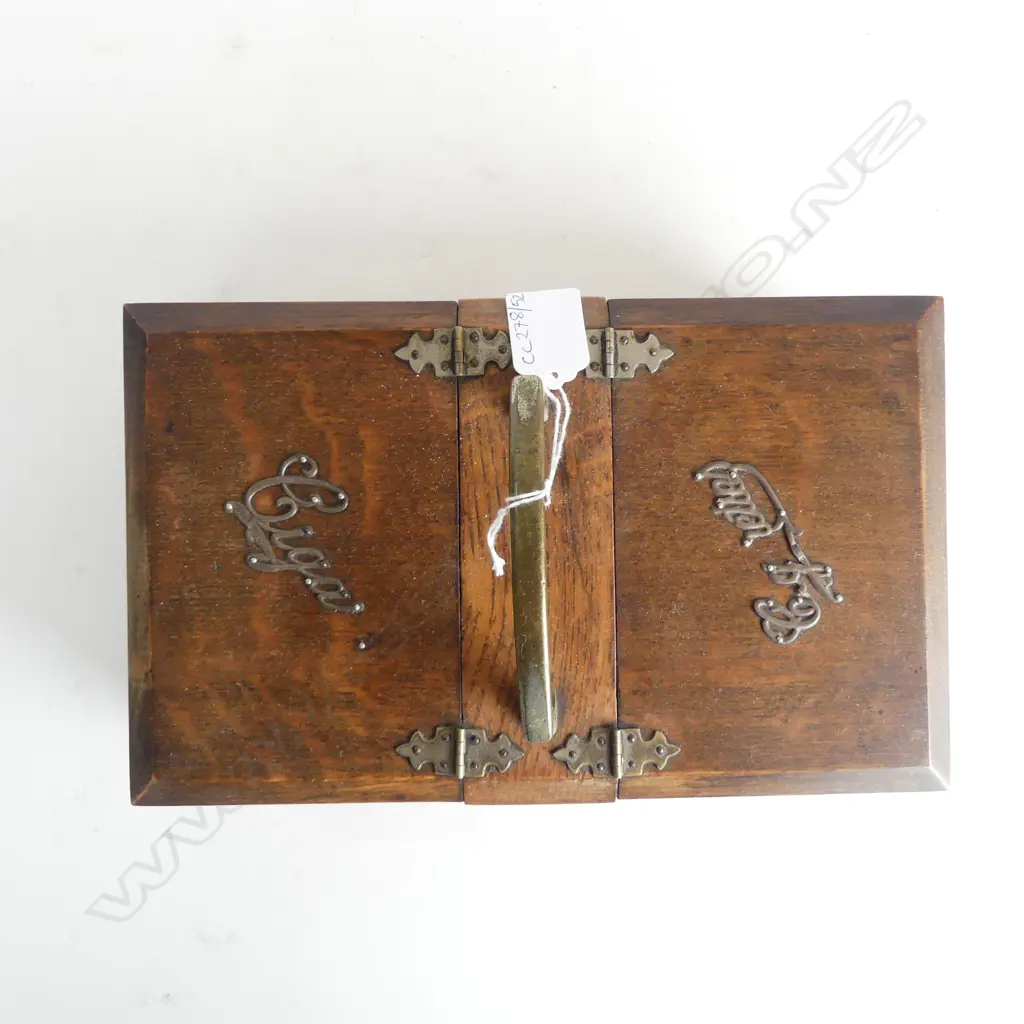 EARLY 20thC OAK CIGAR & CIGARETTE BOX, NICKEL HANDLE & SILVER MOUNTS L.285mm Image 1++