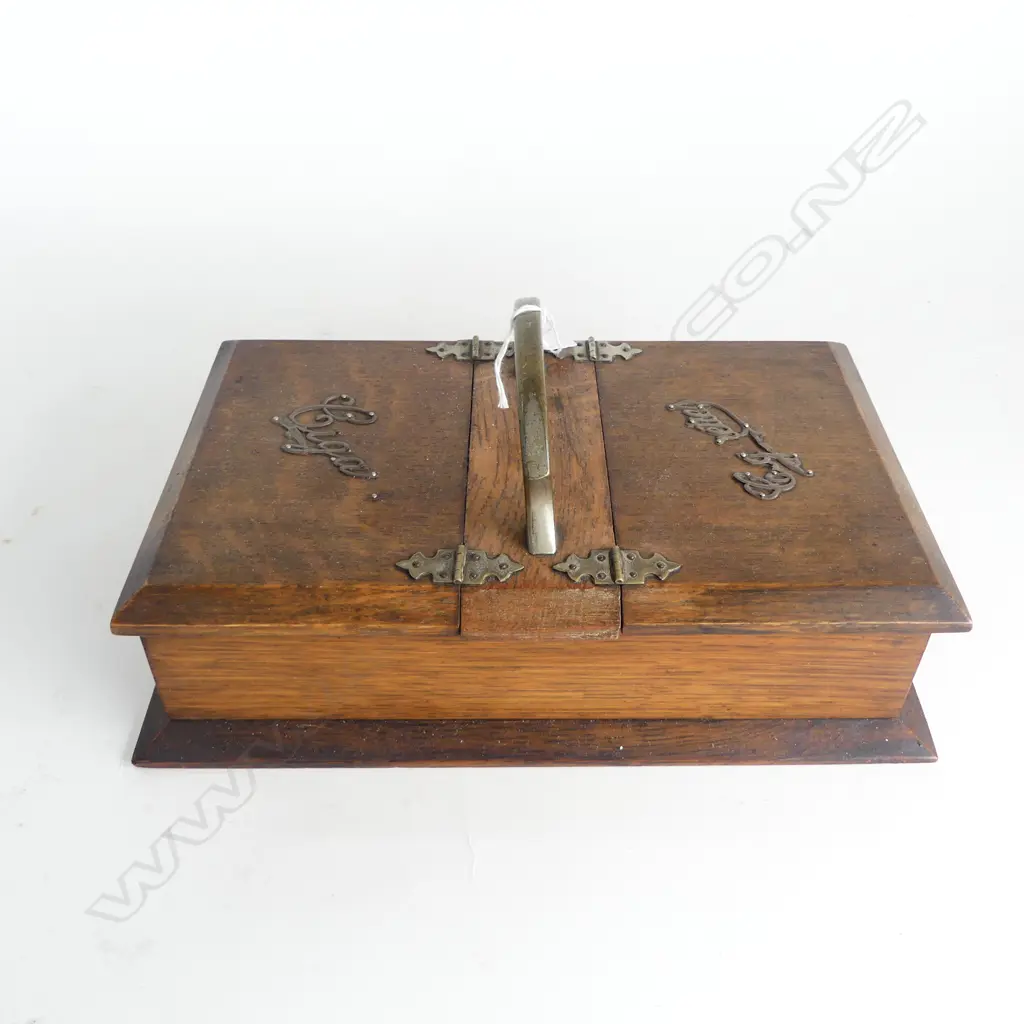 EARLY 20thC OAK CIGAR & CIGARETTE BOX, NICKEL HANDLE & SILVER MOUNTS L.285mm Image 1++