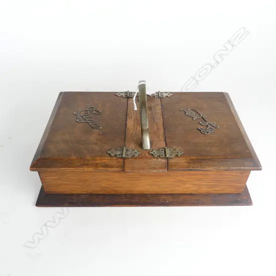 EARLY 20thC OAK CIGAR & CIGARETTE BOX, NICKEL HANDLE & SILVER MOUNTS L.285mm