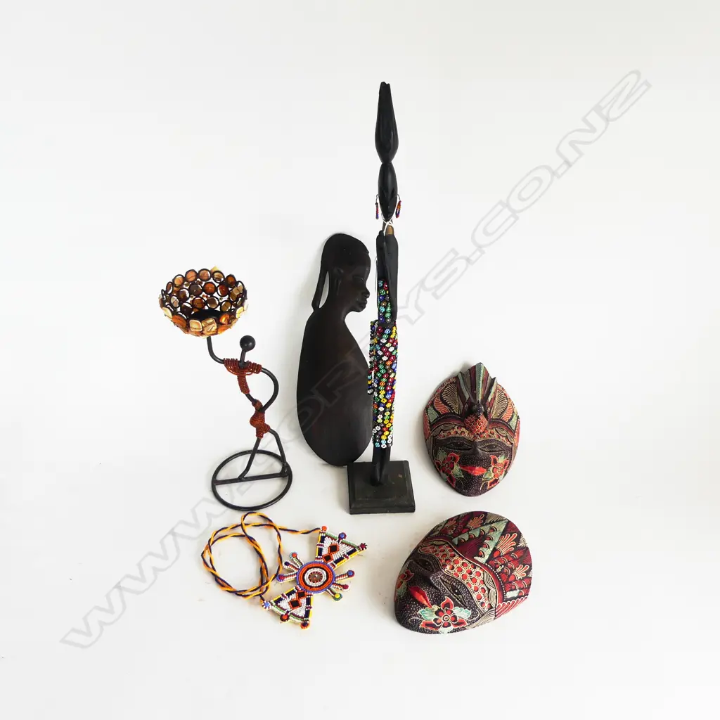 6 ASST. TRIBAL PCES; PR MASKS, 3 AFRICAN FIGURES, MAASAI STYLE BEADWORK NECKLACE Image 1++