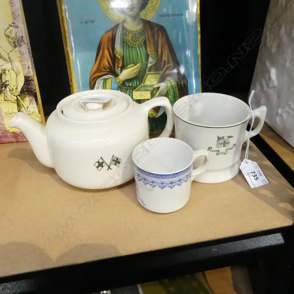 3 SHIPPING CO. CHINA PCES: NZSCo TEAPOT with faults + MUG + HALL LINE demi tasse cup Image 1++