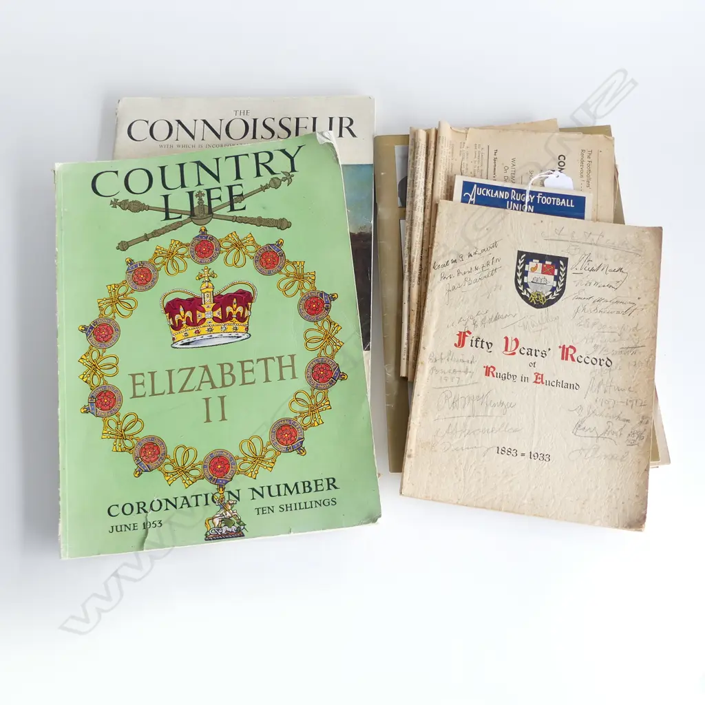 VINTAGE MAGS; '50 YRS RUGBY AUCK 1883-1933' w SIGNATURES INCLD 1896 ALL BLACK HARRY FROST & 'COUNTRY LIFE' CORONATION ED Image 1++