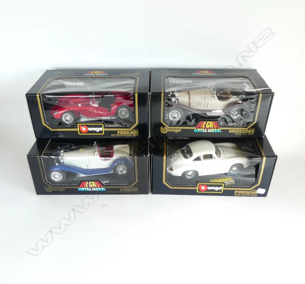 4 BOXED BURAGO 1:18 DIE-CAST MODELS ;LANCIA AURELIA B24 SPIDER 1955, FERRARI 250 TESTA ROSSA 1957, ETC Image 1++