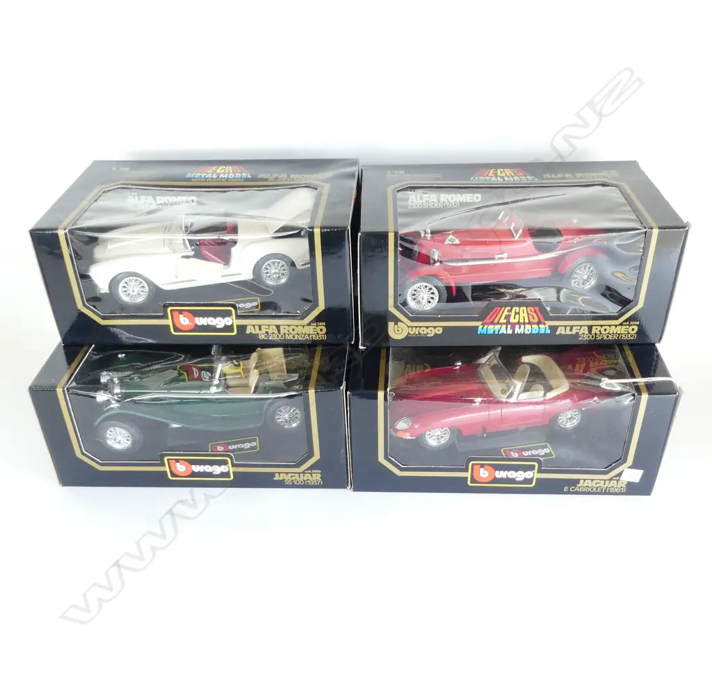 4 BOXED BURAGO 1:18 DIE-CAST MODELS; JAGUAR E CABRIOLET 1961, ALFA ROMEO 2300 SPIDER 1932, etc Image 1++