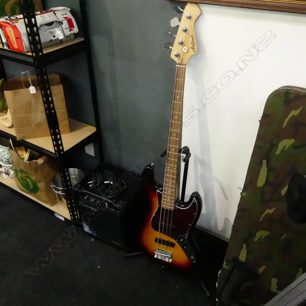  ARIA BASS GUITAR, AMP, STAND w. LEADS Image 1++