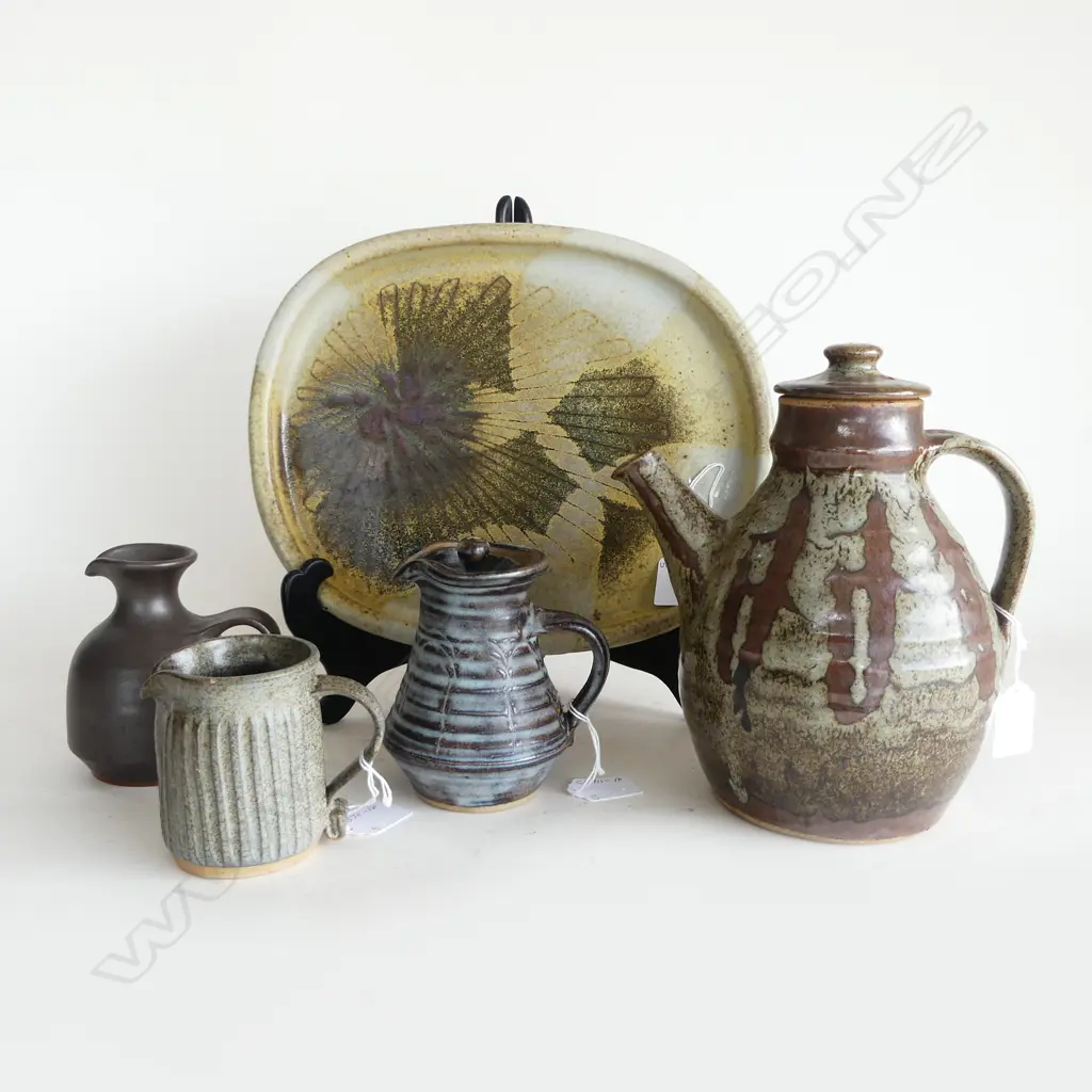 FIVE PCS NZ STUDIO POTTERY; 2 ADRIAN COTTER, PAUL WOTHERSPOON PLATTER  & 2 OTHERS (chips to smallest jug) Image 1++