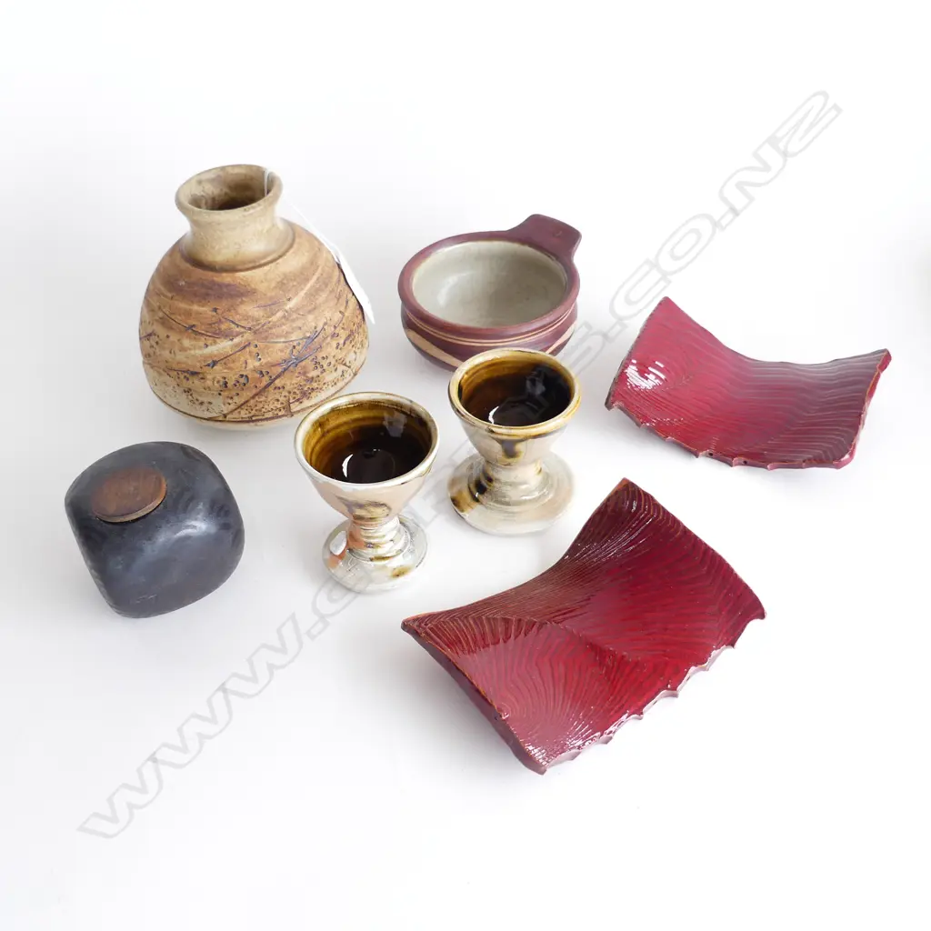 7 STUDIO POTTERY PCES: A Borren cube + 2 Keith Blight red panels + Crewenna ramekin + Yackandandha vase etc Image 1++