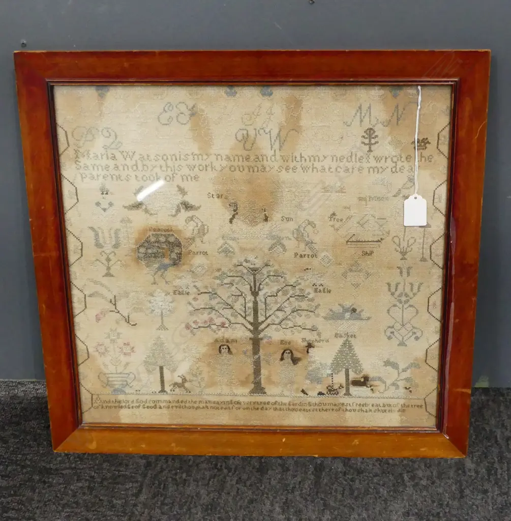 ANTIQUE FRAMED SAMPLER, MARIA WATSON (STAINS) 400x415mm Image 1++