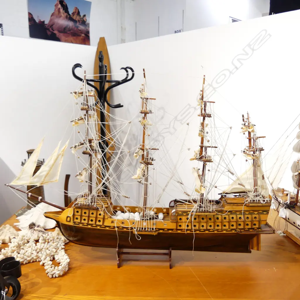 LRG. 4 MAST MODEL SHIP OF WAR; On Stand, 900x140x660mm, faults Image 1++