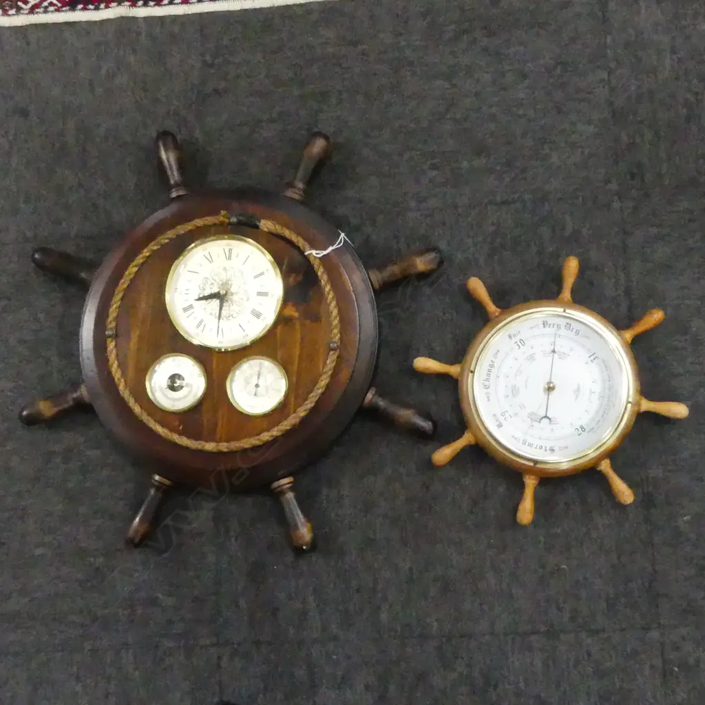 2 SHIPS WHEEL BAROMETERS; 1 w. CLOCK W.560mm Image 1++