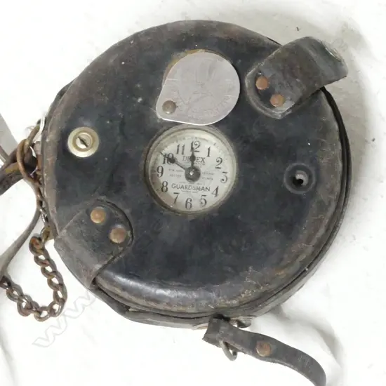 EARLY 20thC DETEX GUARDSMAN WATCHCLOCK IN STURDY LEATHER CASE w shoulder strap + keys Dia.170mm.