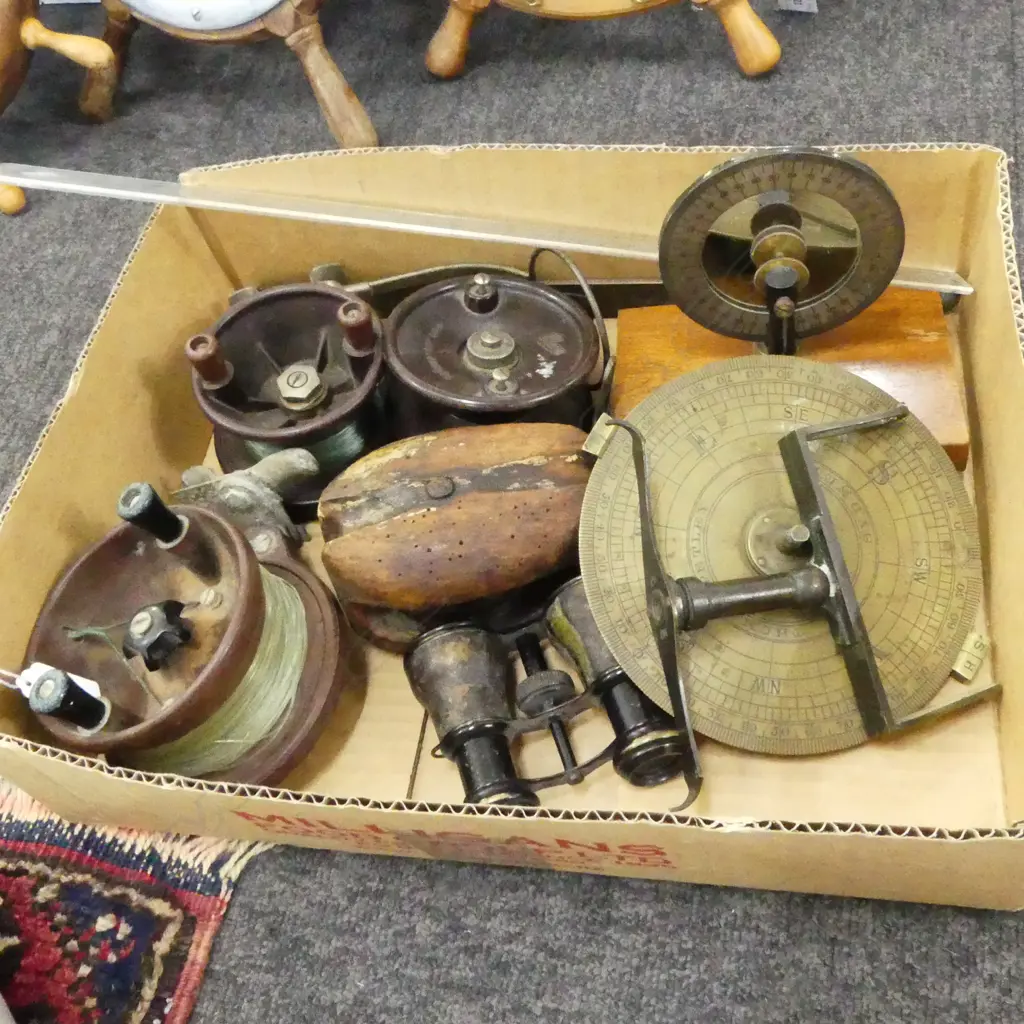 3 FISHING REELS, PULLEY BLOCK, BINOCULARS, 'PHILIP HARRIS Ltd' DRIP CIRCLE, etc Image 1++