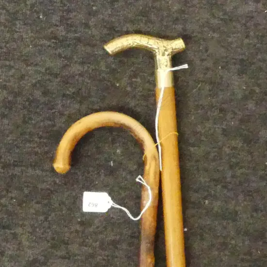 TWO WALKING STICKS, ONE BRASS HANDLED, ONE CANE