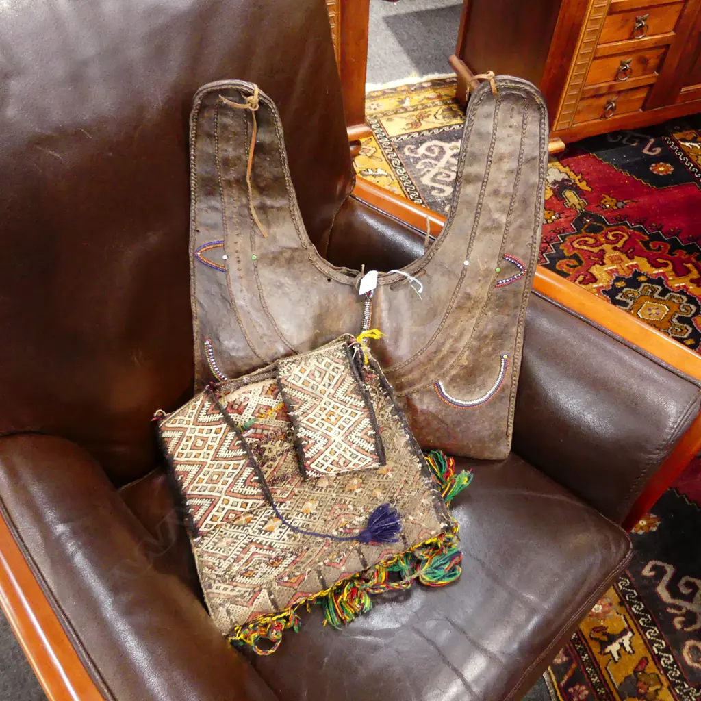 TWO ETHNIC SADDLE BAGS; ONE WOVEN w TASSLES, ONE BEADED LEATHER Image 1++