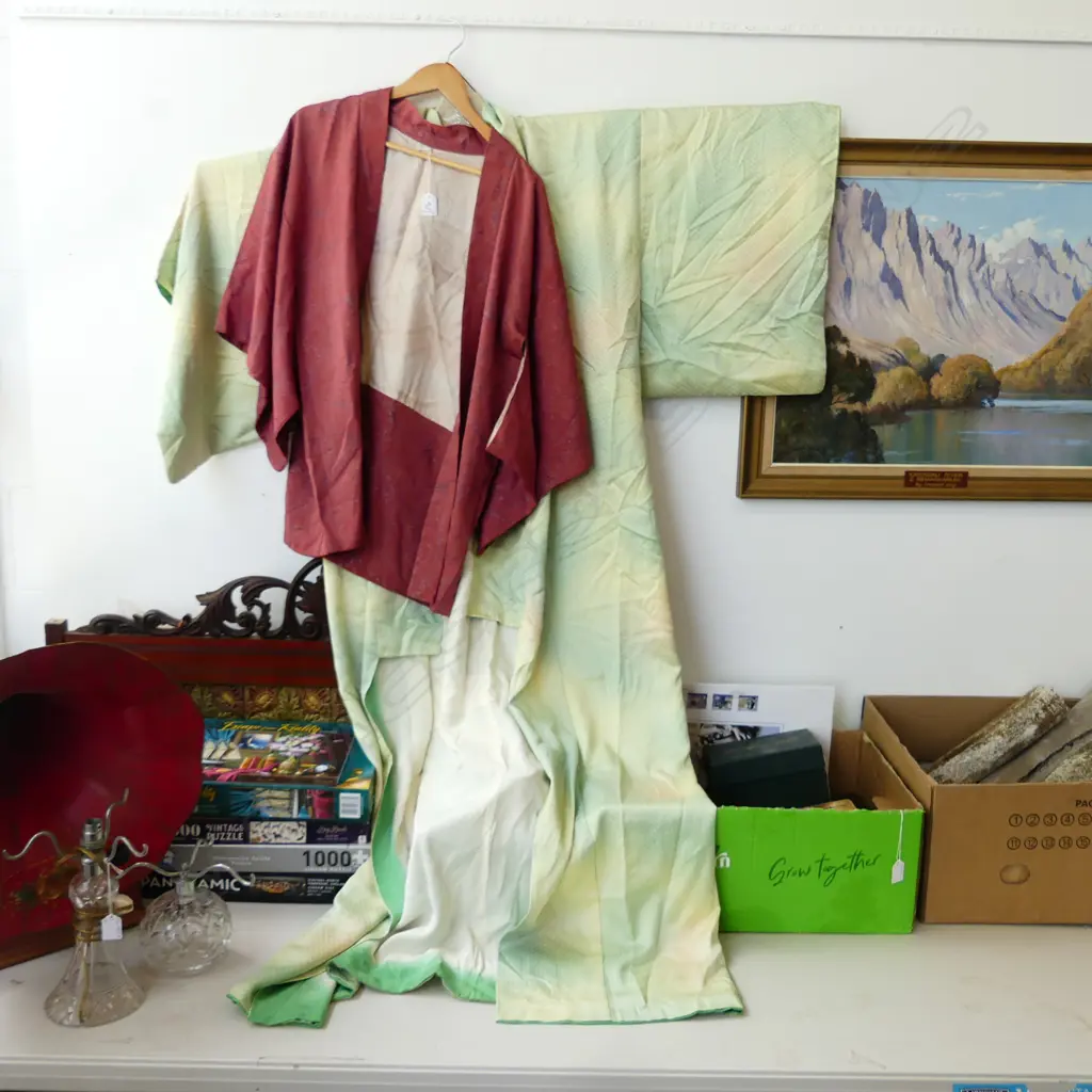 2 VINTAGE JAPANESE SILK KIMONO; DUSTY PINK 1/2 LENGTH, GREEN FULL LENGTH Image 1++