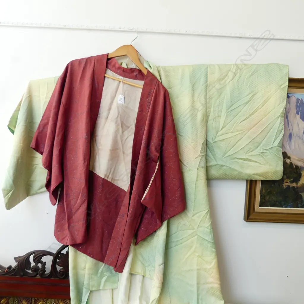2 VINTAGE JAPANESE SILK KIMONO; DUSTY PINK 1/2 LENGTH, GREEN FULL LENGTH Image 1++
