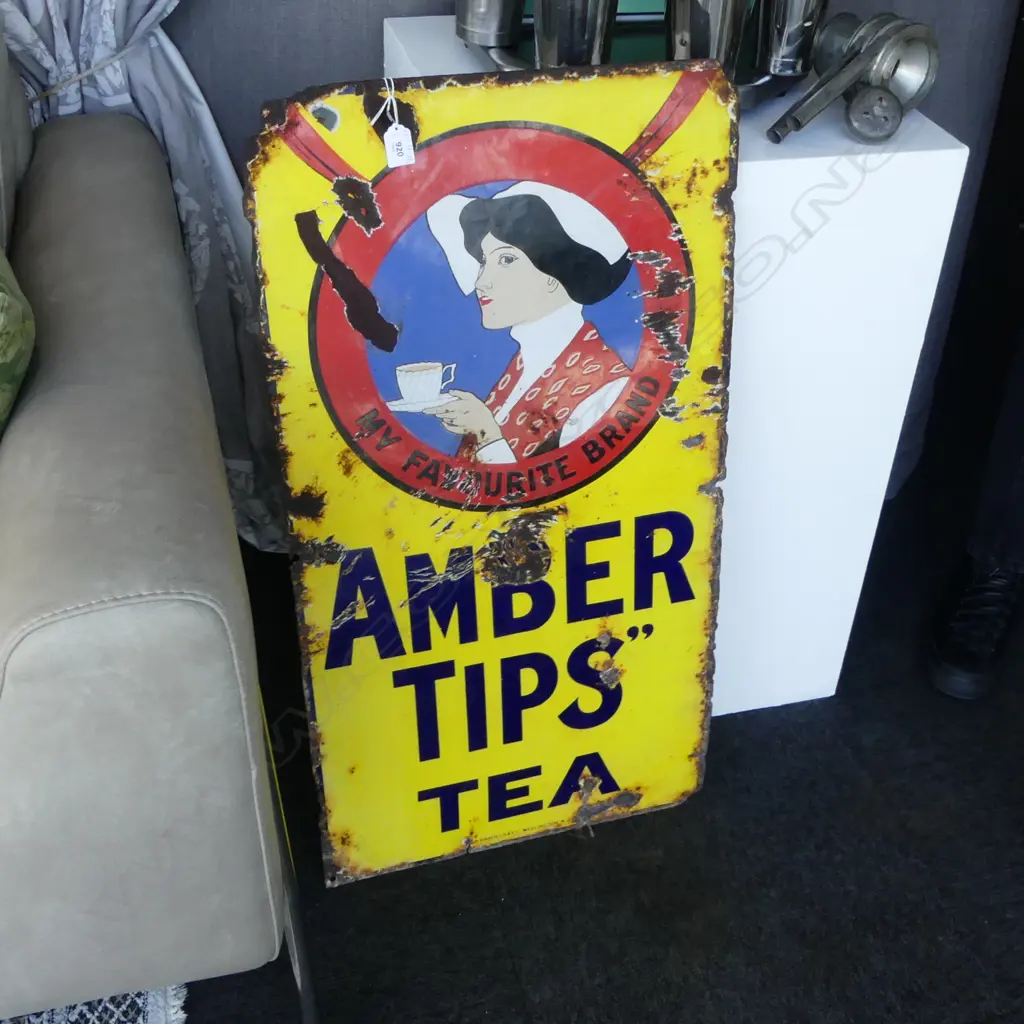 OLD ENAMEL SIGN,'AMBER TIPS TEA' , 'GEO HADFIELD & CO WELLINGTON NZ' TO BASE, SOME LOSS 880X60mm Image 1++