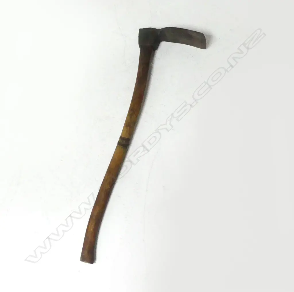 OLD LONG HANDLED ADZE METAL HEAD LONG WOOD SHAFT W MAORI CARVED BAND L.830mm to shave wood into beams Image 1++