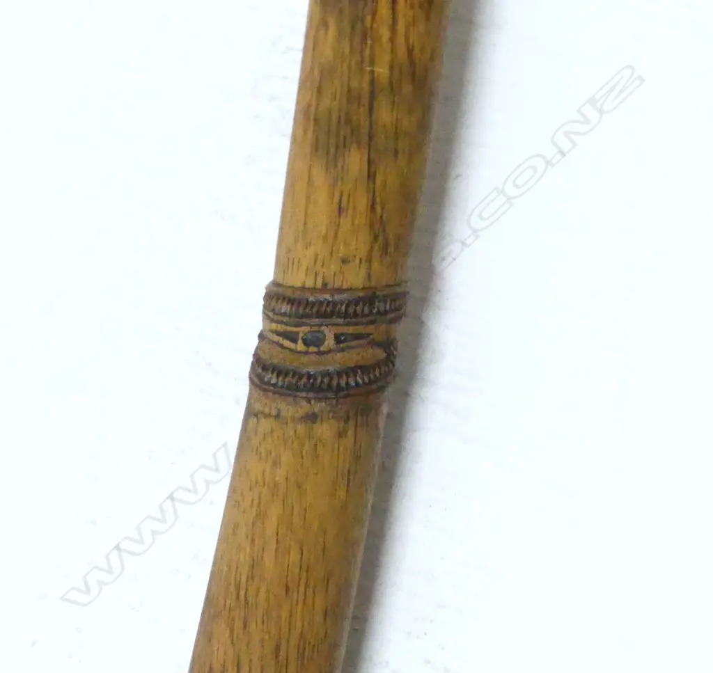 OLD LONG HANDLED ADZE METAL HEAD LONG WOOD SHAFT W MAORI CARVED BAND L.830mm to shave wood into beams Image 1++