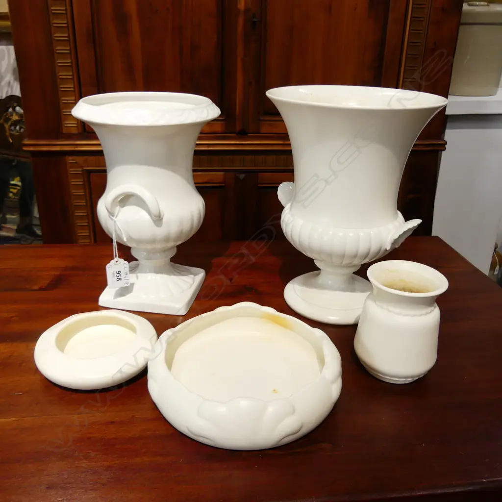 5 WHITE VASES; WEDGWOOD H.245mm, SHORTER & SONS URN, 2 CROWN LYNN (1 CHIP), OTHER Image 1++