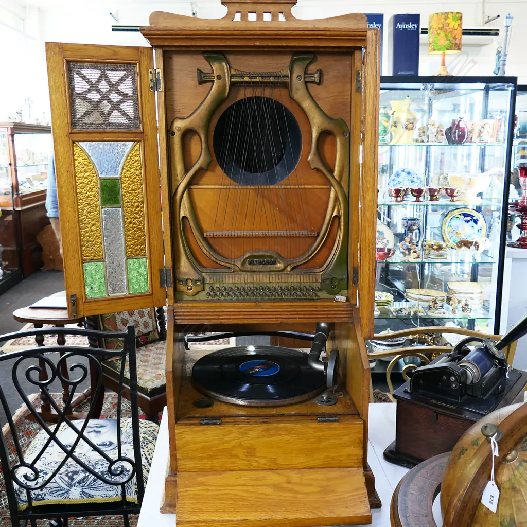 RARE c1912 'KLINGSOR' GRAMAPHONE with HARMONIC STRINGS in OAK CASE 425 x 395 x 940mm Image 1++