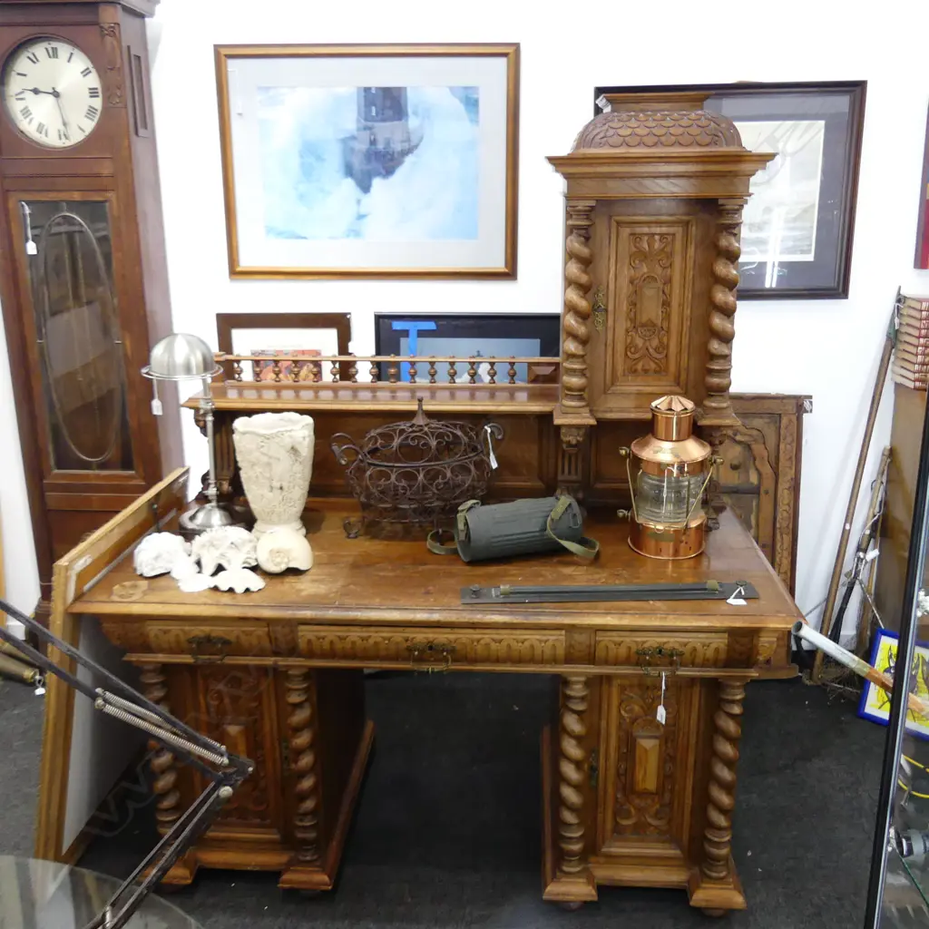 PEDESTAL GALLERY BACKED OAK DESK, Barley Twist, Paneled,  Image 1++
