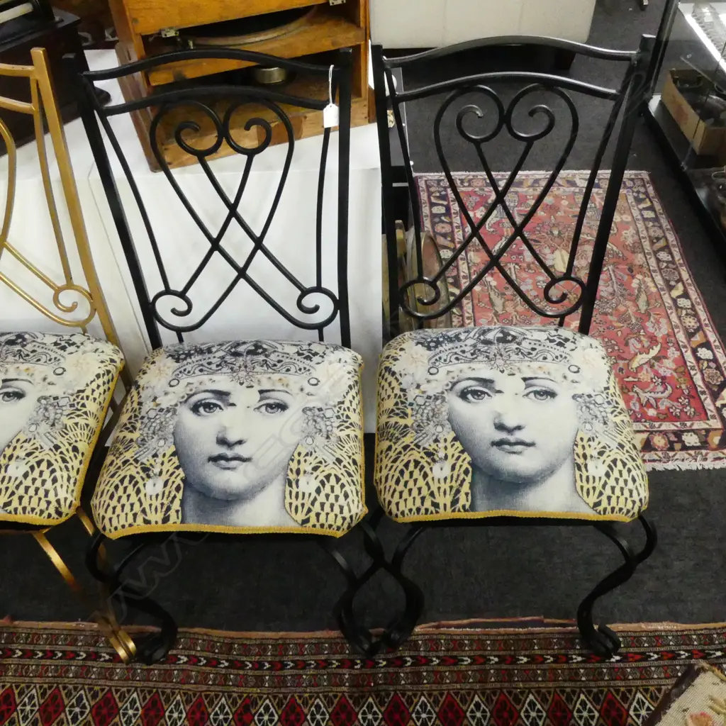 PR BLACK METAL DINING CHAIRS w. FORNASETTI STYLE SEAT Image 1++