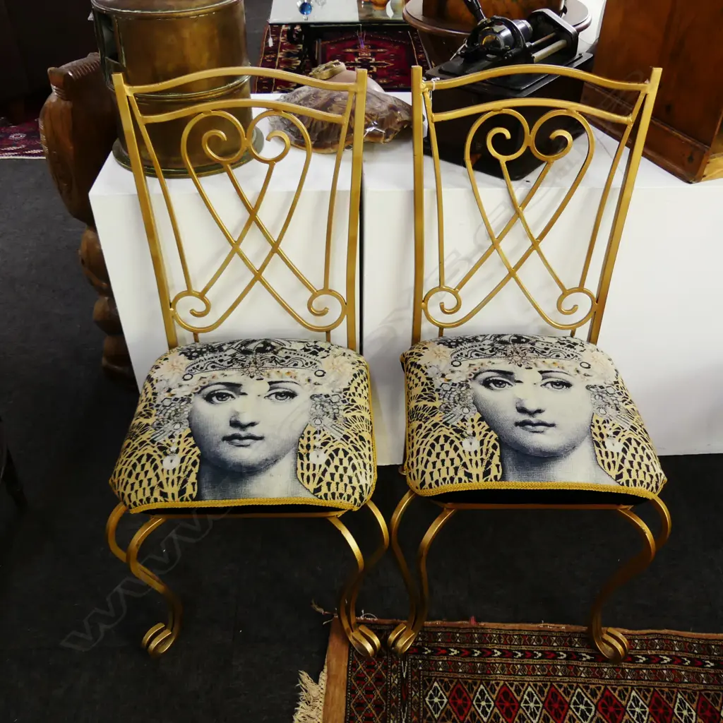 PR GOLD METAL DINING CHAIRS w. FORNASETTI STYLE SEAT Image 1++