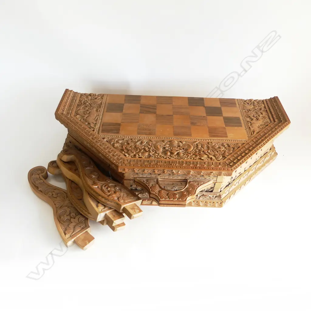 CARVED INDONESIAN FOLDING GAMES TABLE; 660x660x340mm Image 1++