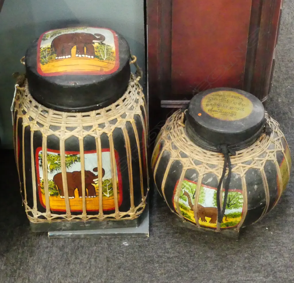 TWO WOODEN VINTAGE RICE BINS; LARGEST H.470mm Image 1++