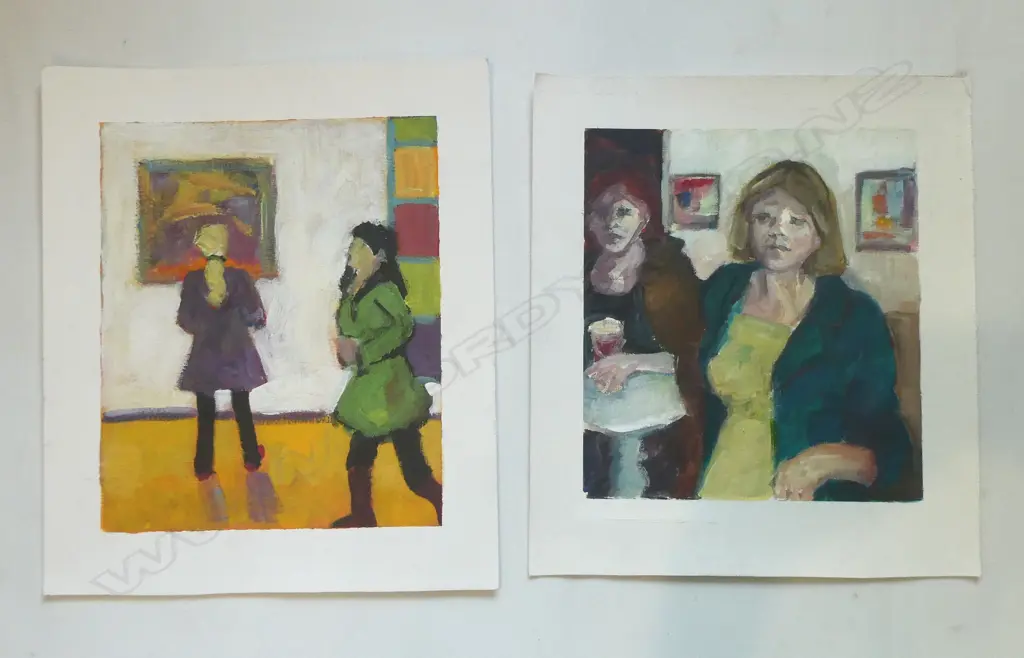 TWO GLENYS CULLIMORE ARCYLICS ‘MISUNDERSTADNING’ ON BOARD & ‘FASCINATION’ ON PAPER UNFRAMED, L.340MM W.305MM Image 1++