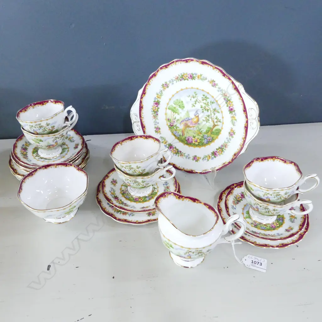 ROYAL ALBERT 'CHELSEA BIRD' TEA SET; 6 TRIOS, MILK, SUGAR, CAKE PLATE Image 1++
