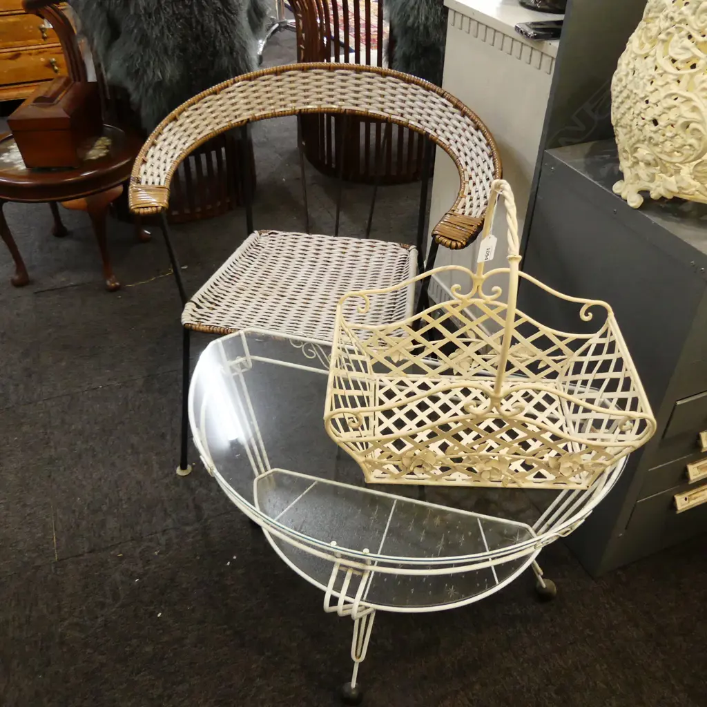 RETRO CHAIR, WHITE METAL DEMILUNE SIDE TABLE W.650mm & BASKET Image 1++