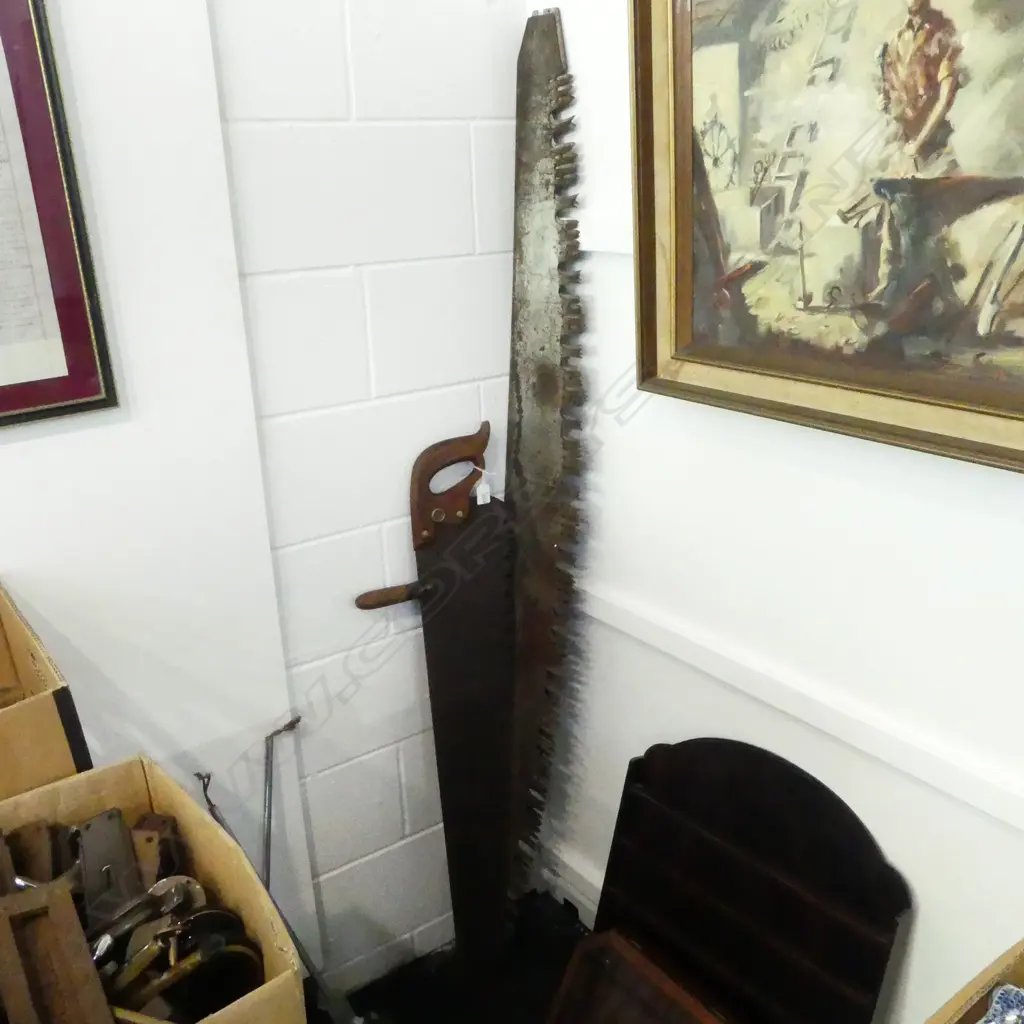 LG. VINTAGE WOODEN SAW L.1050mm, 2 LARGE SAW BLADES L.1680mm Image 1++