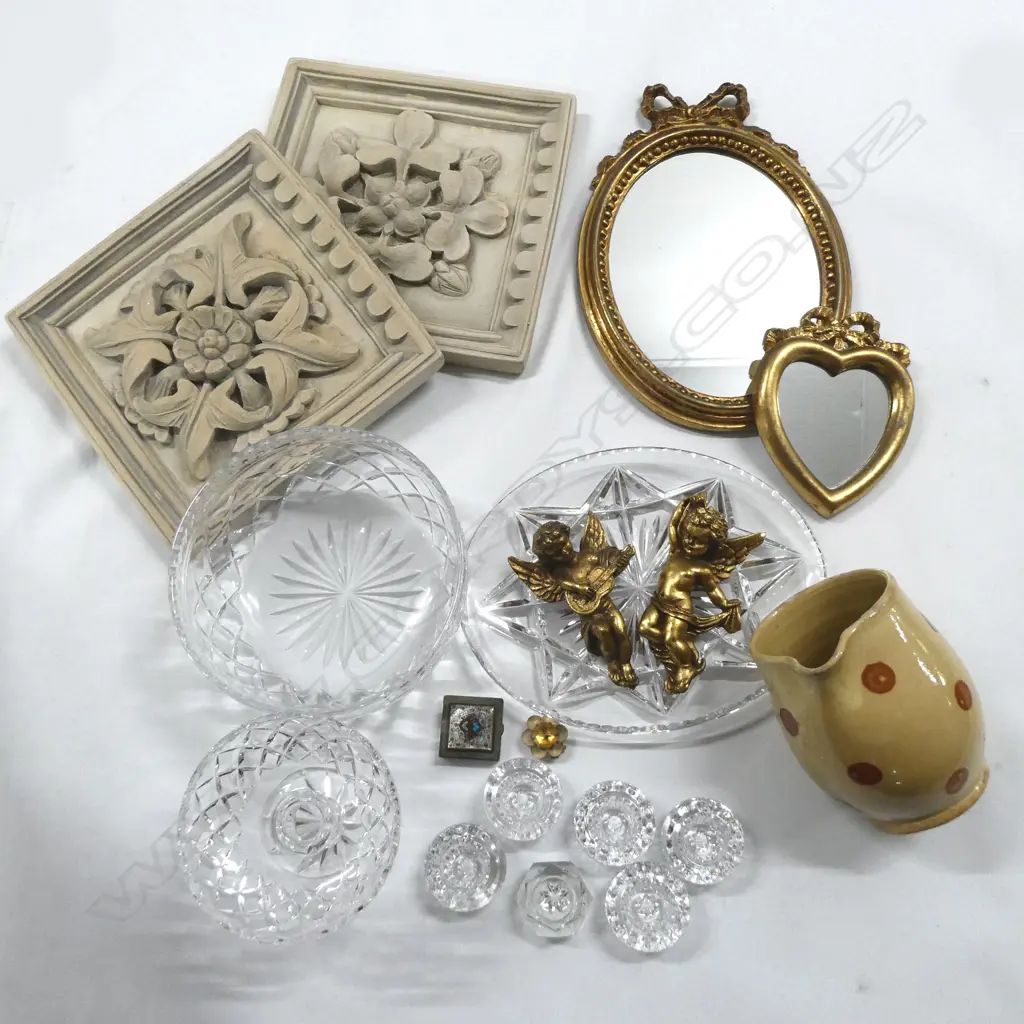 3 CRYSTAL PCS 2 SMALL GILT MIRRORS 2 CUPIDS 2 WALL PLAQUES & COTTAGE JUG ETC Image 1++