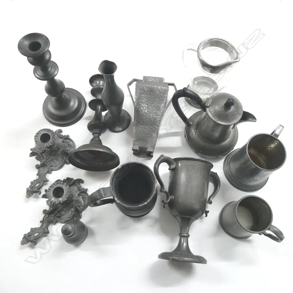 ASST. PEWTER; JUGS, 2 CANDLE STICKS, SCONCE, etc Image 1++