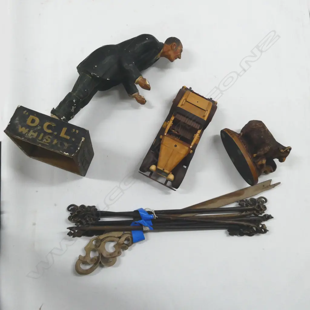 ASST. ITEMS; D.C.L. WHISKEY FIGURE, WOODEN CAR ETC Image 1++