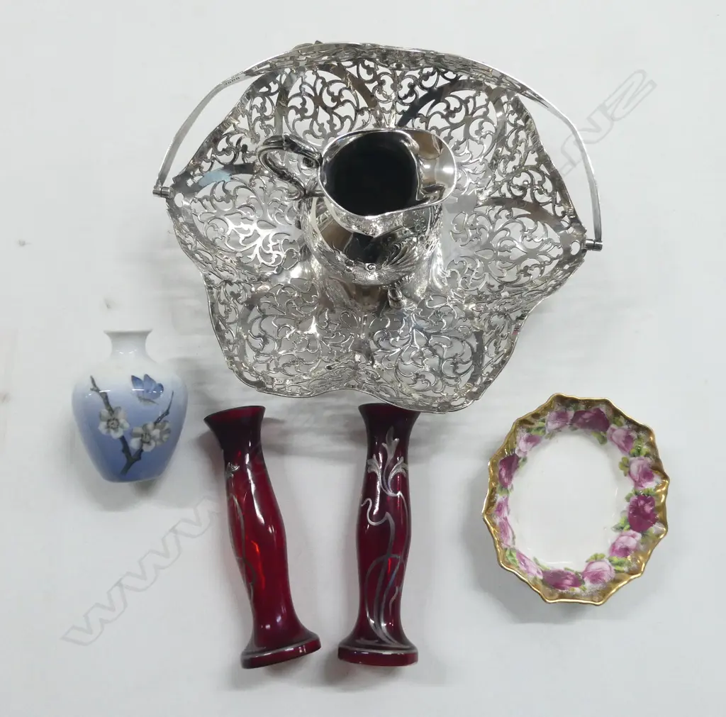 2 PCS EP PR SILVER OVERLAY VASES COPENHAGEN SMALL VASE & CHINA DISH Image 1++